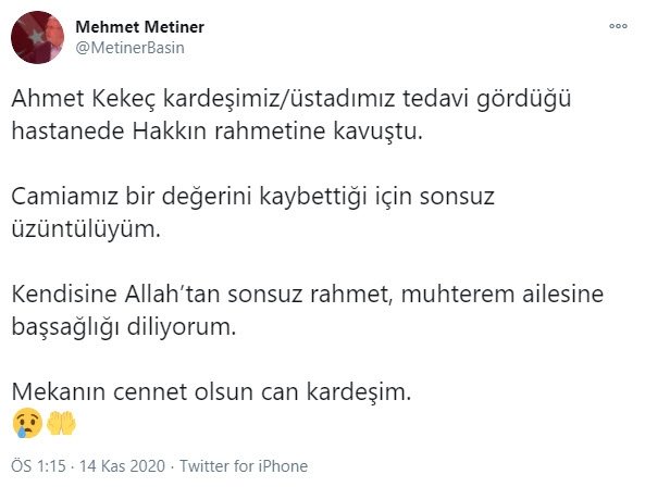 Koronavirüs Tedavisi Gören Gazeteci Ahmet Kekeç Vefat Etti